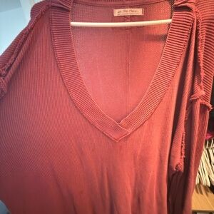 Free People V-Neck Ribbed Sweatshirt in Rust
